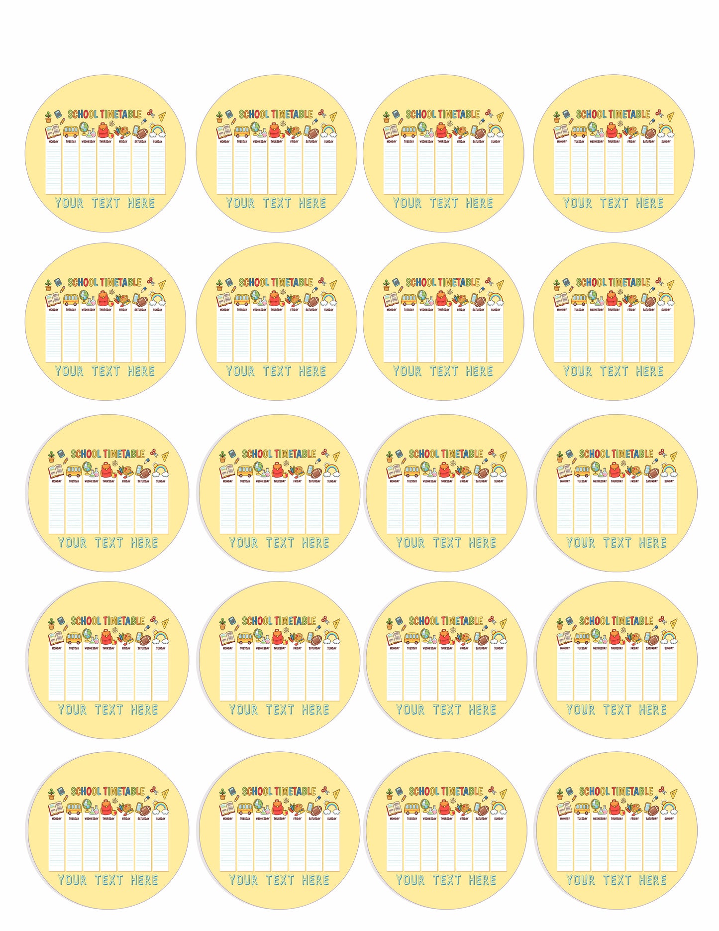 School Timetable - Edible Cake Topper, Cupcake Toppers, Strips