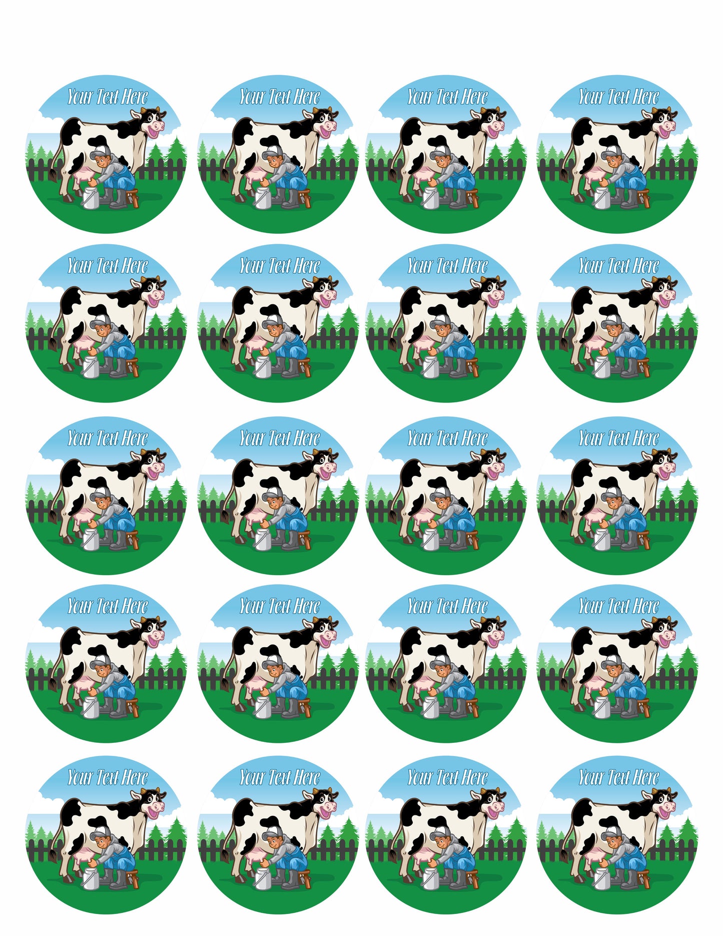 Happy cow illustration while the farmer milking - Edible Cake Topper, Cupcake Toppers, Strips