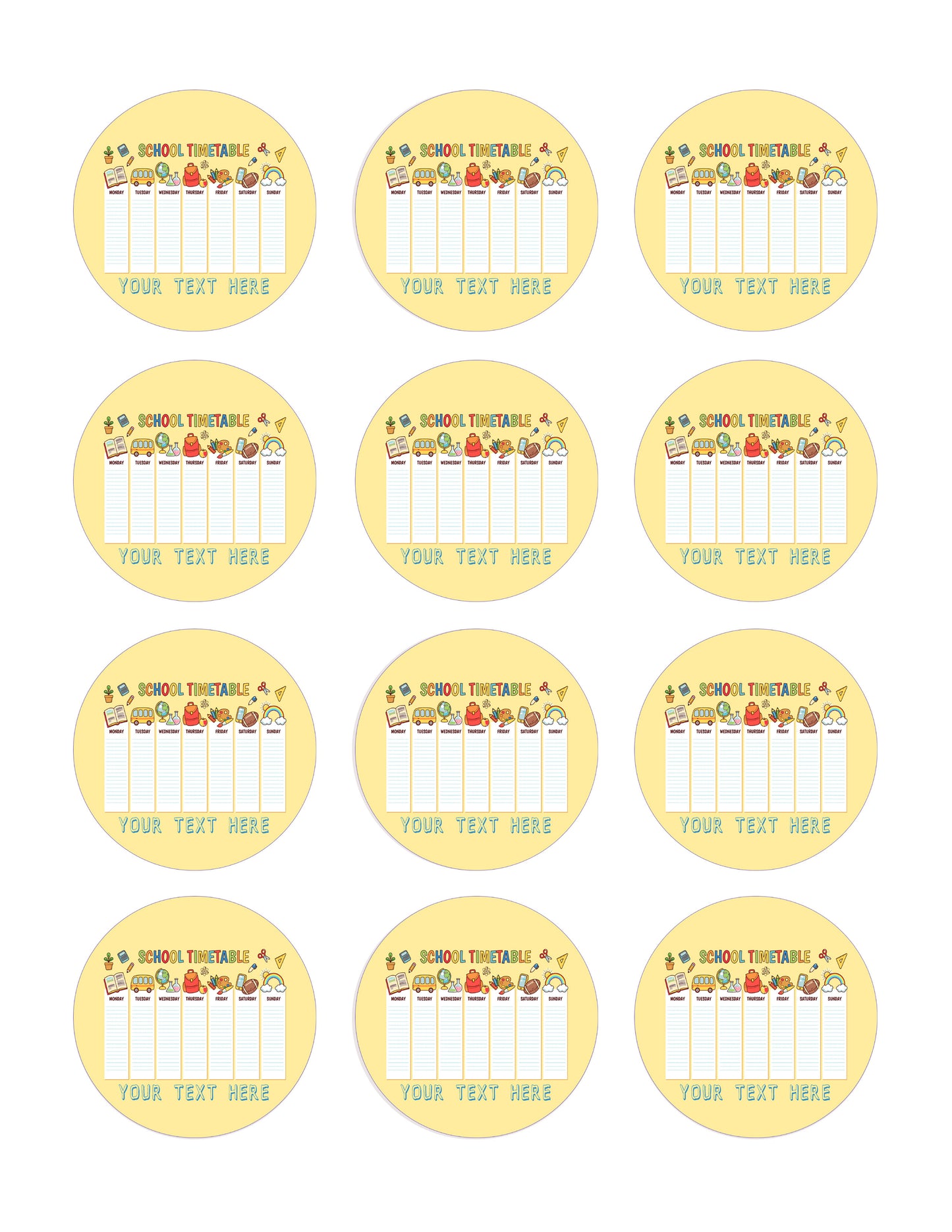 School Timetable - Edible Cake Topper, Cupcake Toppers, Strips