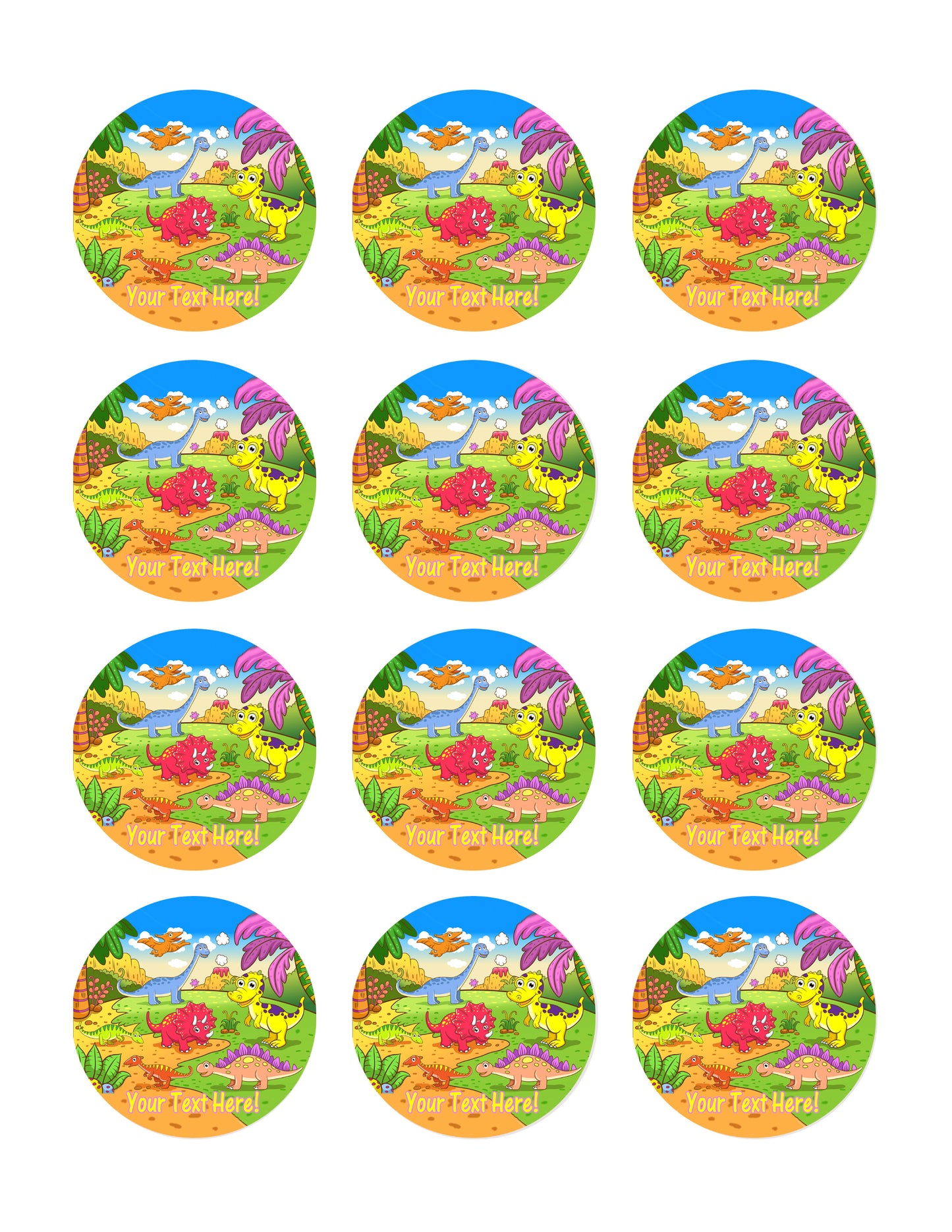 Cute dinosaurs in prehistoric scene - Edible Cake Topper, Cupcake Toppers, Strips