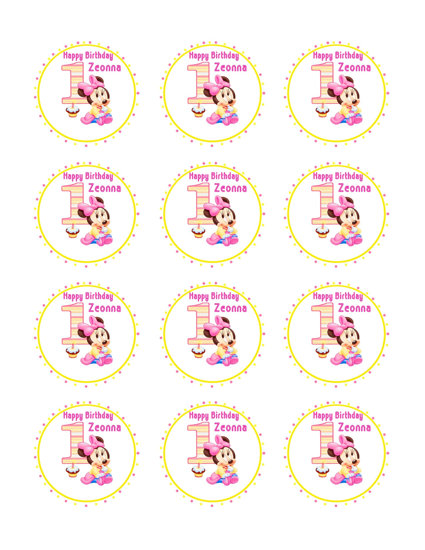 BABY MINNIE MOUSE 1st Birthday - Edible Cake Topper, Cupcake Toppers, Strips