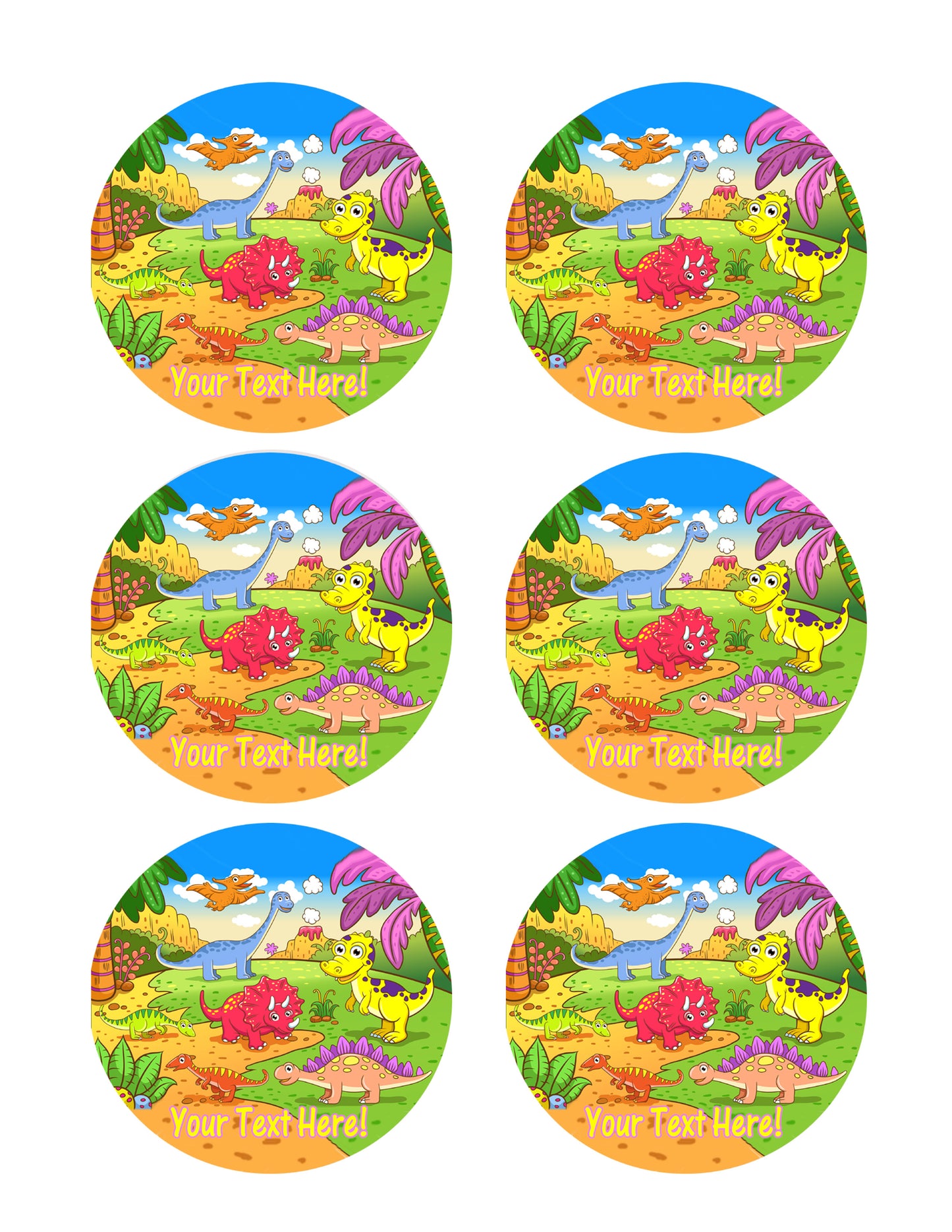 Cute dinosaurs in prehistoric scene - Edible Cake Topper, Cupcake Toppers, Strips