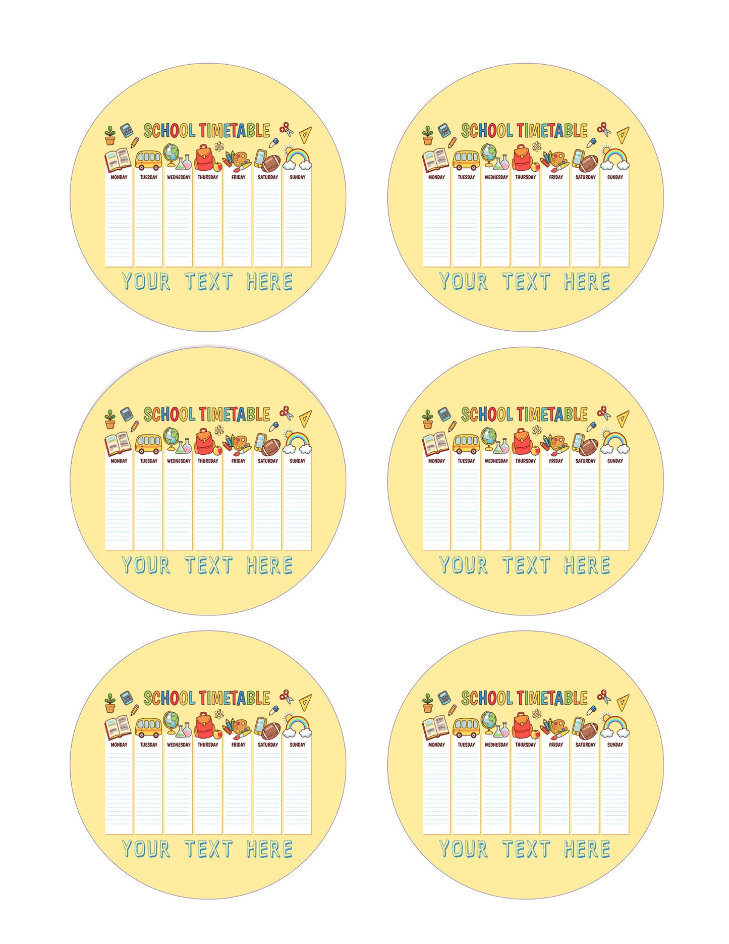 School Timetable - Edible Cake Topper, Cupcake Toppers, Strips