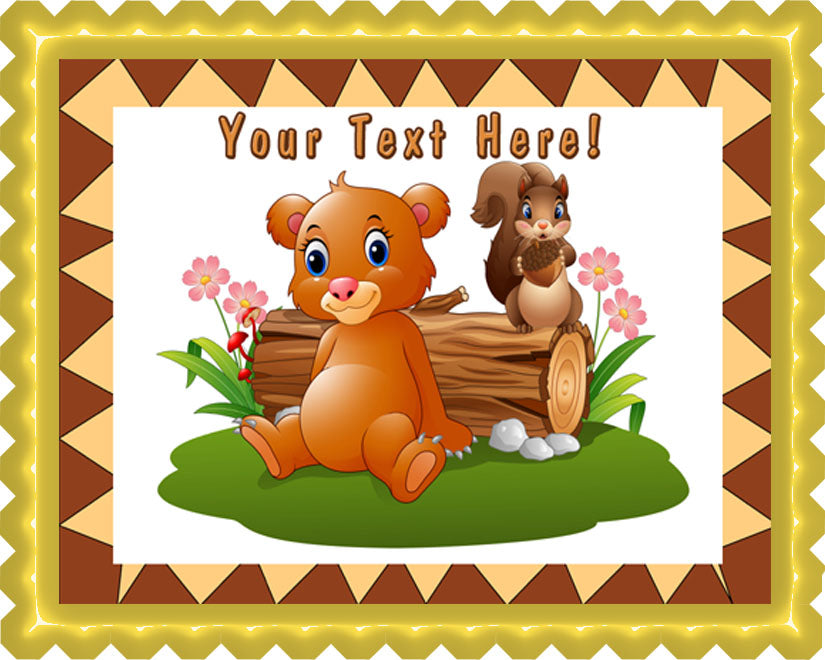 Baby Brown Bear with Squirrel - Edible Cake Topper, Cupcake Toppers, Strips