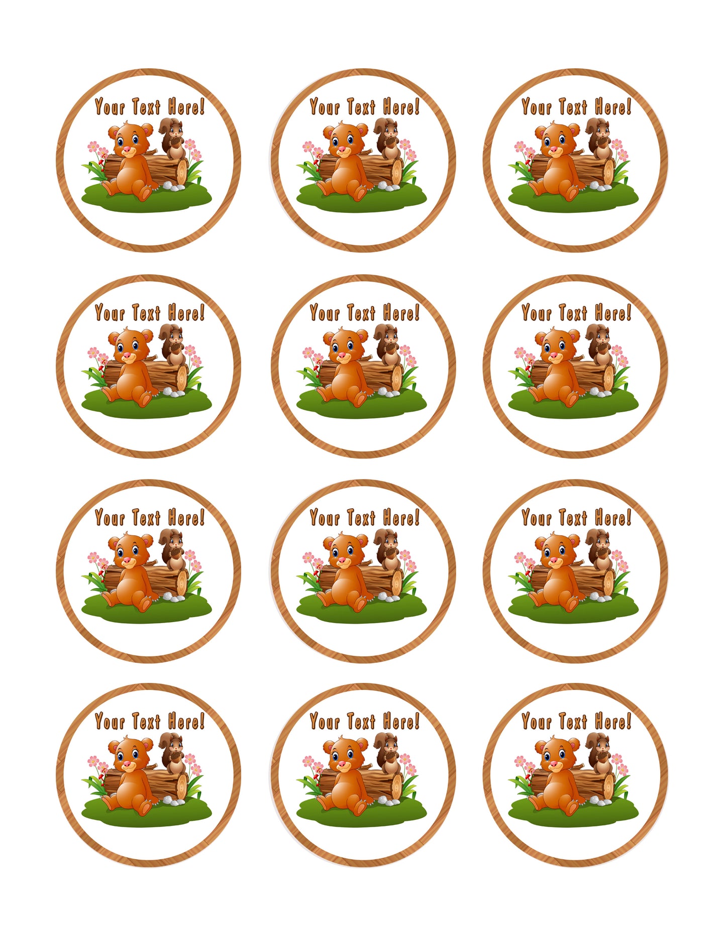 Baby Brown Bear with Squirrel - Edible Cake Topper, Cupcake Toppers, Strips