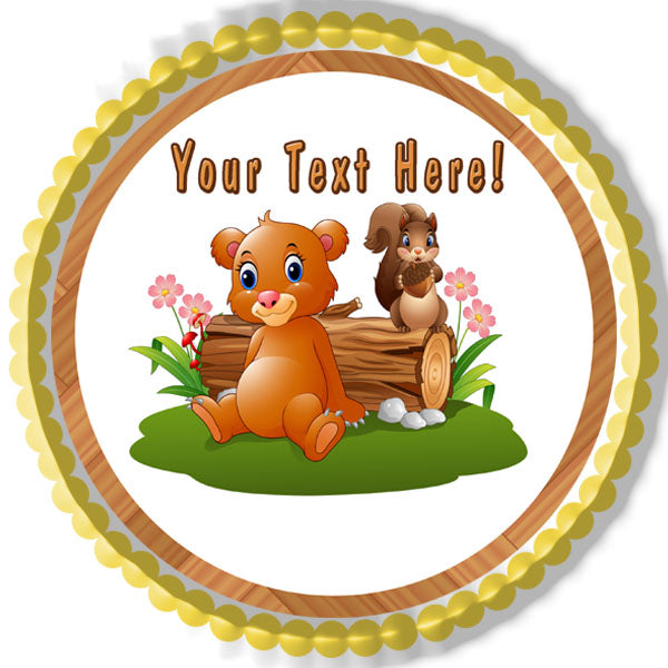 Baby Brown Bear with Squirrel - Edible Cake Topper, Cupcake Toppers, Strips