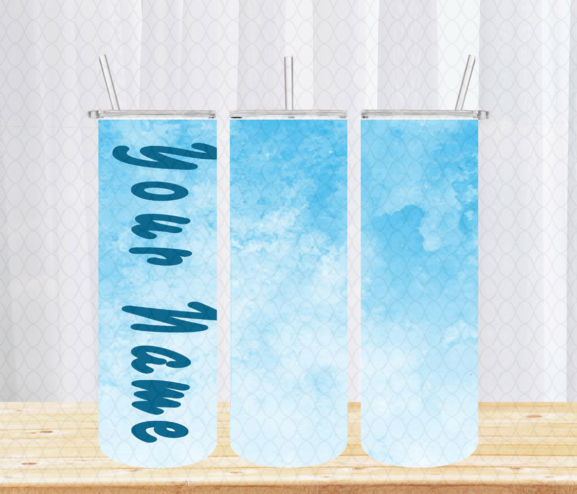 Blue Wattercolor Tumbler with Lid and Straw, Insulated Skinny Tumbler, 20 oz Water Cup