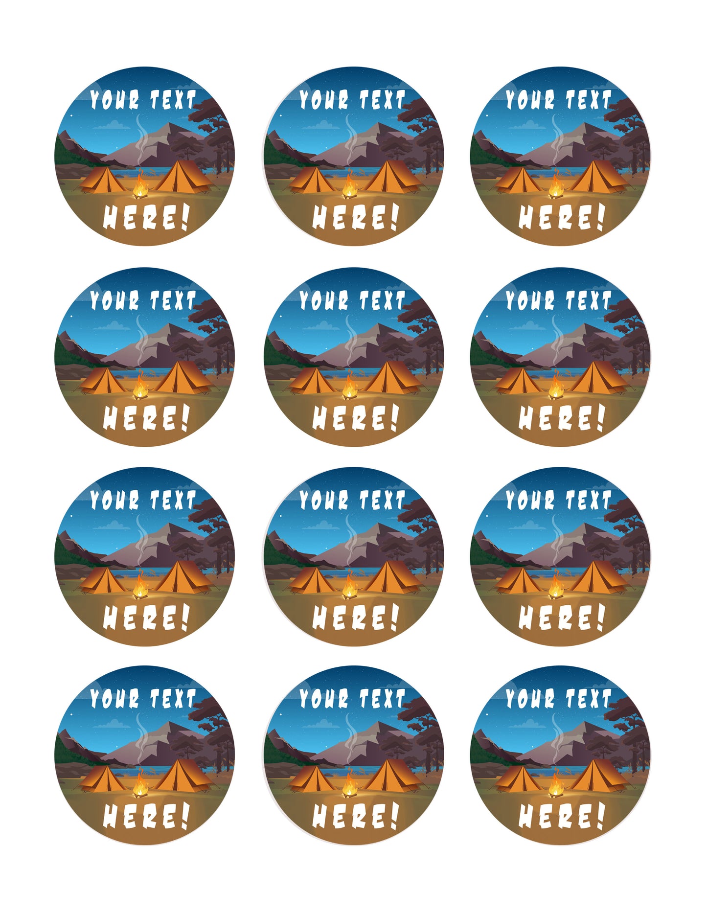 Camping in Night Time Family Camping Tent and Fire - Edible Cake Topper, Cupcake Toppers, Strips