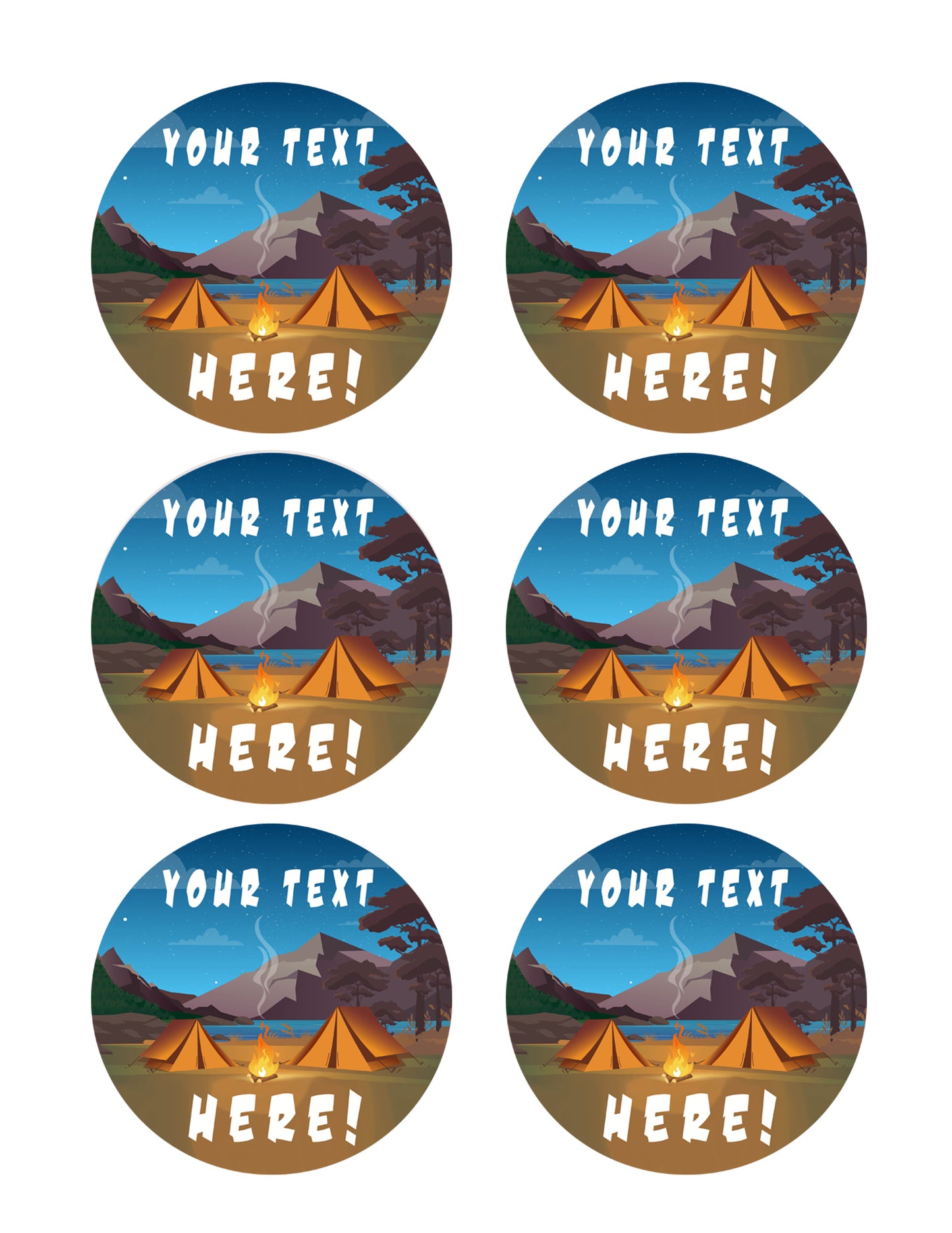 Camping in Night Time Family Camping Tent and Fire - Edible Cake Topper, Cupcake Toppers, Strips