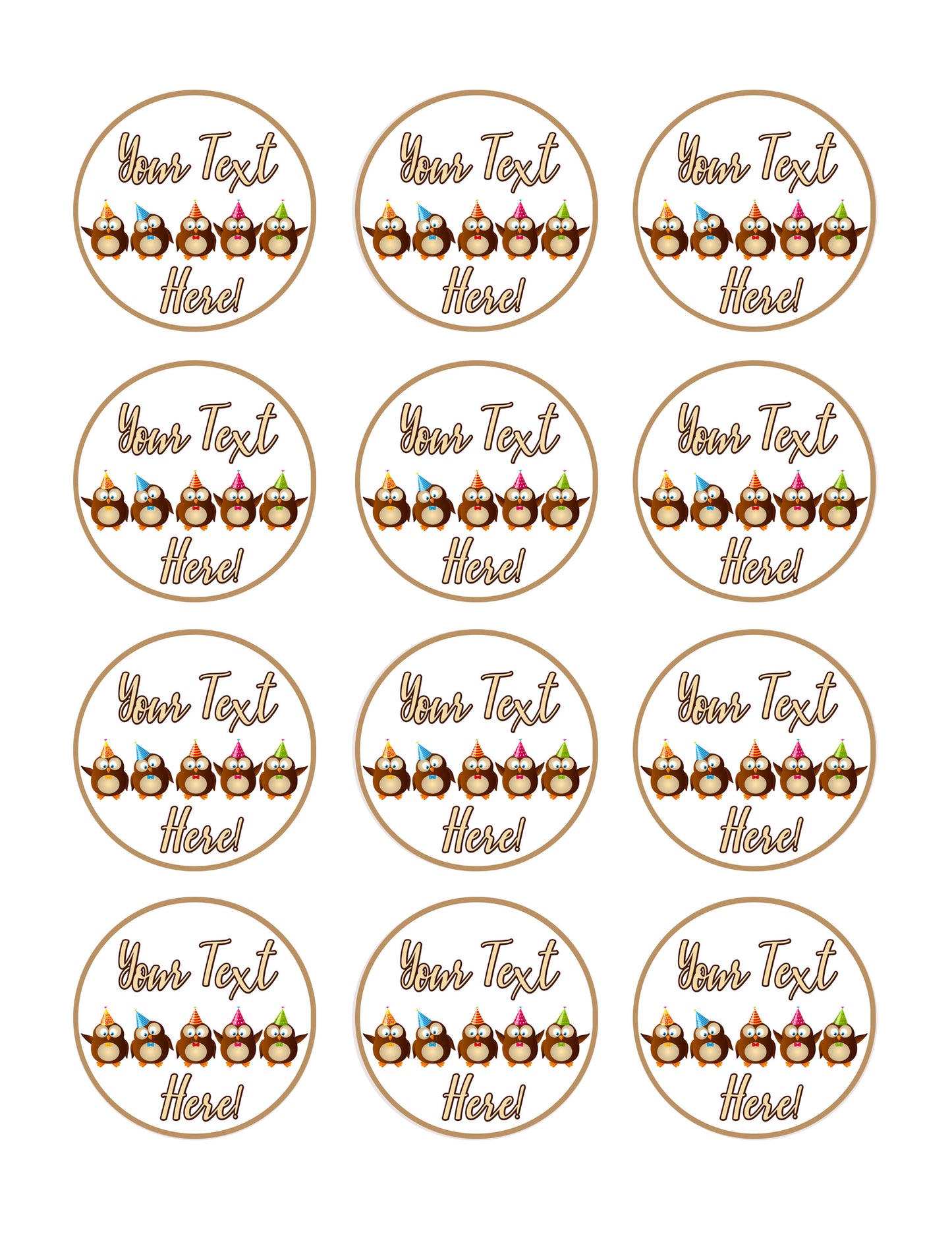 Cute Birthday Owls - Edible Cake Topper, Cupcake Toppers, Strips