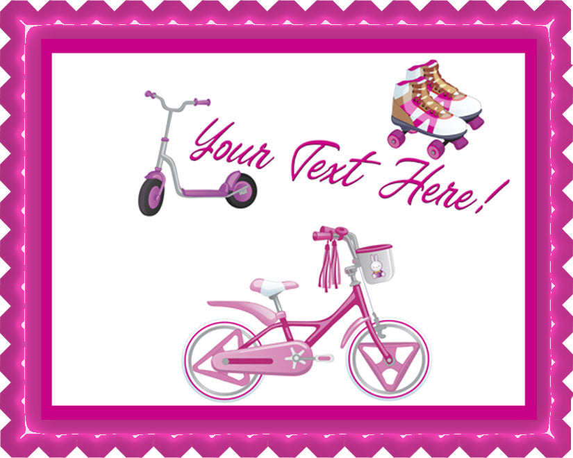 Cute Kids Bicycle Roller Skating and Roller Scooter - Edible Cake Topper, Cupcake Toppers, Strips