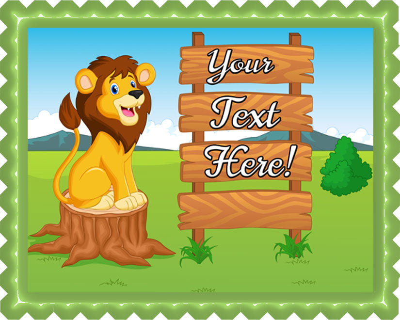 Cute Lion Cartoon with Wooden Sign - Edible Cake Topper, Cupcake Toppers, Strips