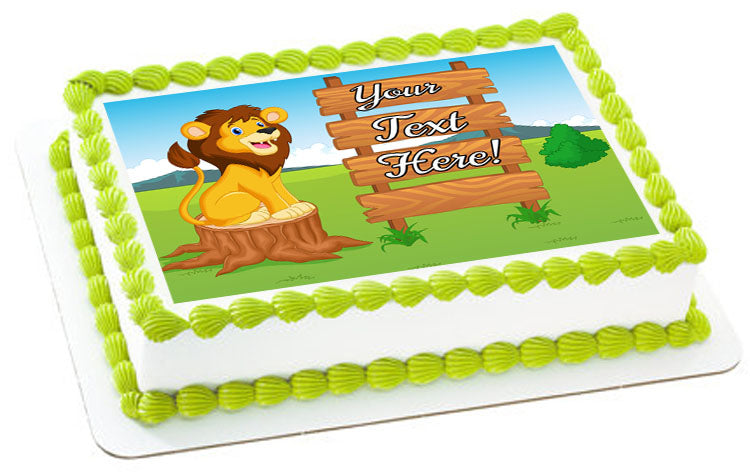 Cute Lion Cartoon with Wooden Sign - Edible Cake Topper, Cupcake Toppers, Strips