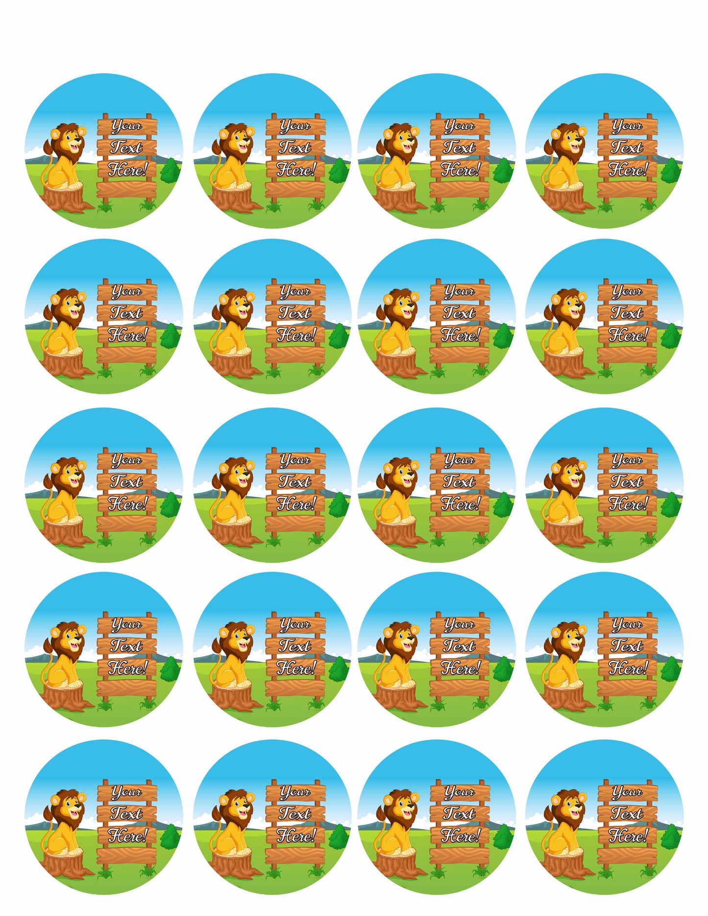 Cute Lion Cartoon with Wooden Sign - Edible Cake Topper, Cupcake Toppers, Strips