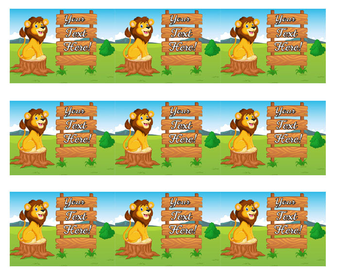 Cute Lion Cartoon with Wooden Sign - Edible Cake Topper, Cupcake Toppers, Strips