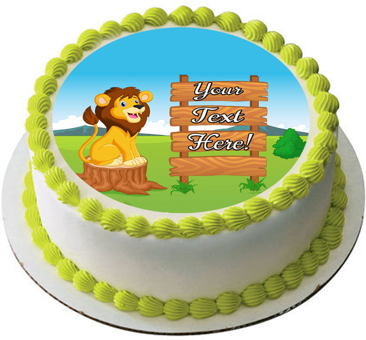 Cute Lion Cartoon with Wooden Sign - Edible Cake Topper, Cupcake Toppers, Strips