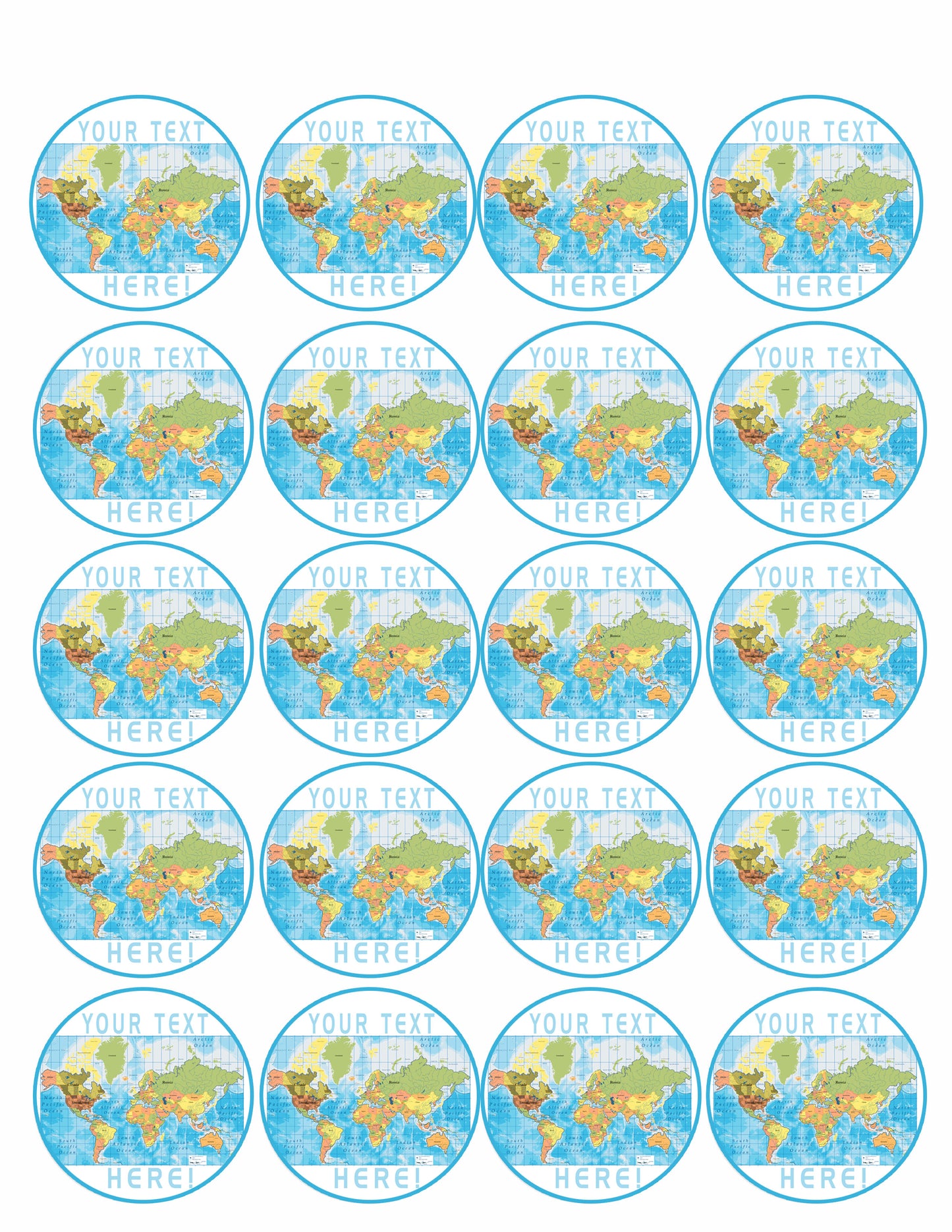 Detailed World Map - Edible Cake Topper, Cupcake Toppers, Strips