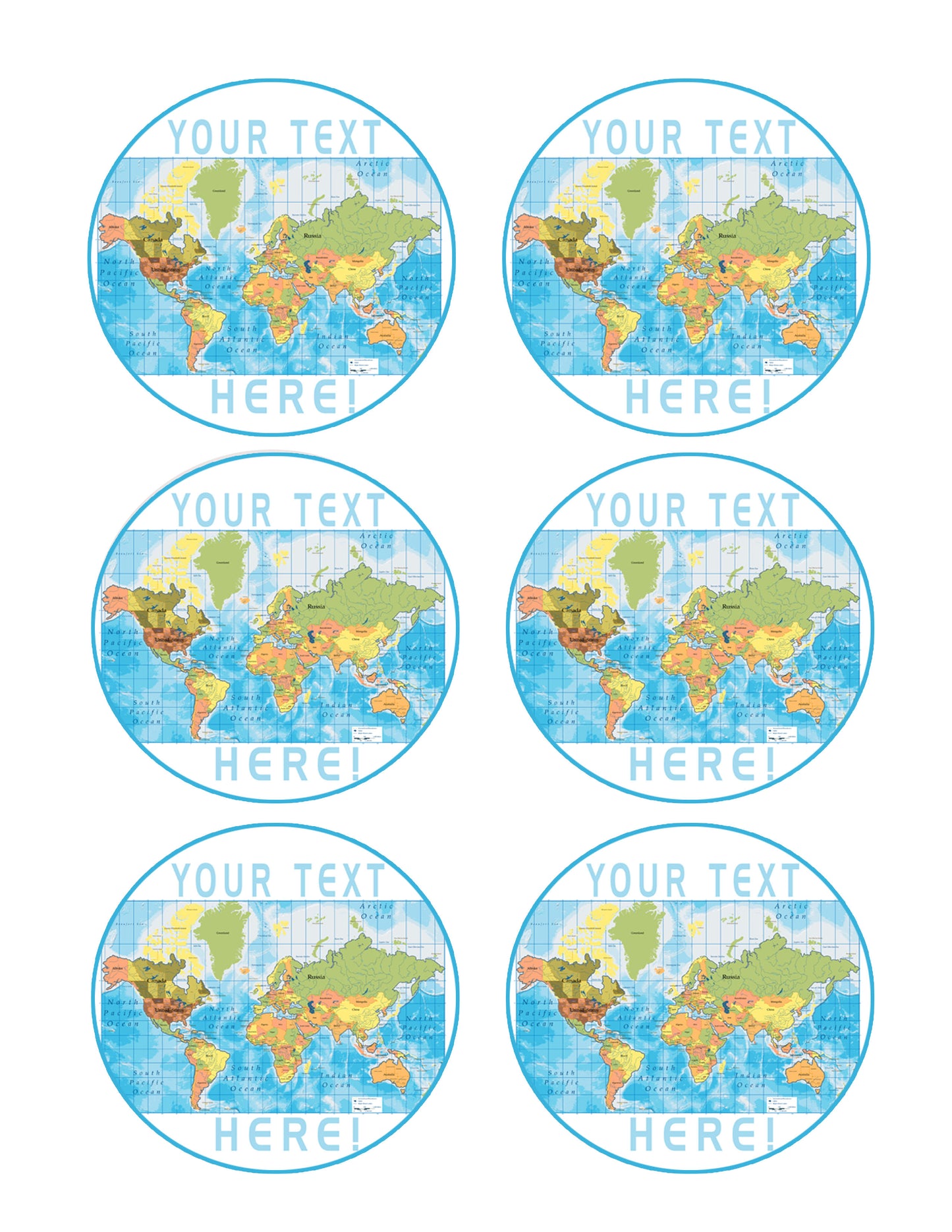 Detailed World Map - Edible Cake Topper, Cupcake Toppers, Strips