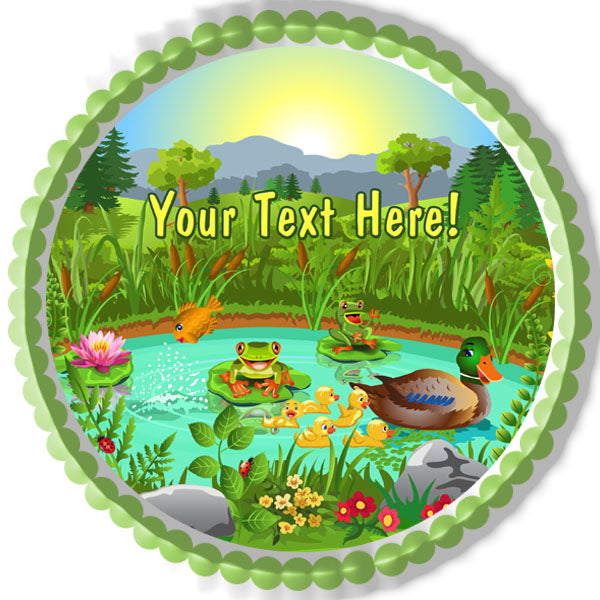 Duck Pond Near the Forest and Mountain - Edible Cake Topper, Cupcake Toppers, Strips