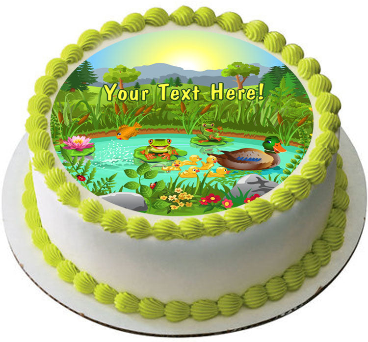Duck Pond Near the Forest and Mountain - Edible Cake Topper, Cupcake Toppers, Strips