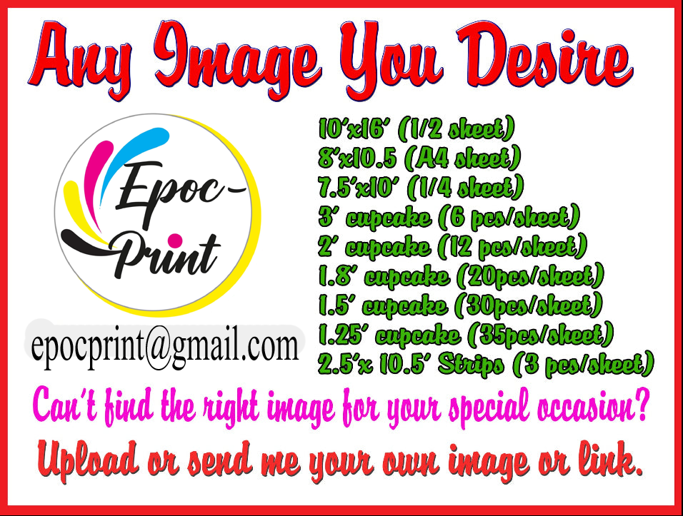 Custom Edible Cake or Cupcake Topper with own picture: Create Your Special Event with Custom Edible Image Toppers - Upload Photos for Unique, Stylish Designs on Rectangular, Round Cakes or Cupcake