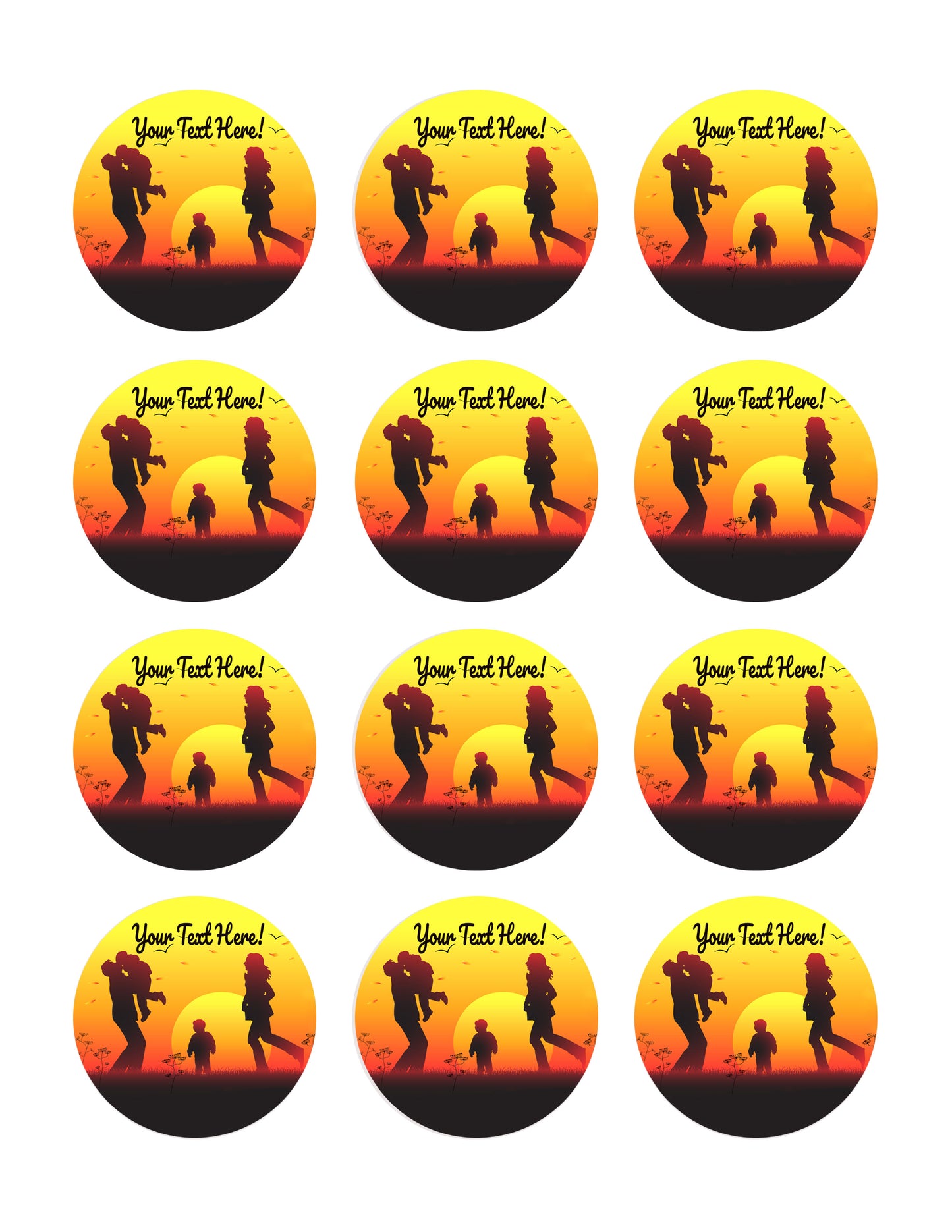 Family Sunset Silhouette - Edible Cake Topper, Cupcake Toppers, Strips