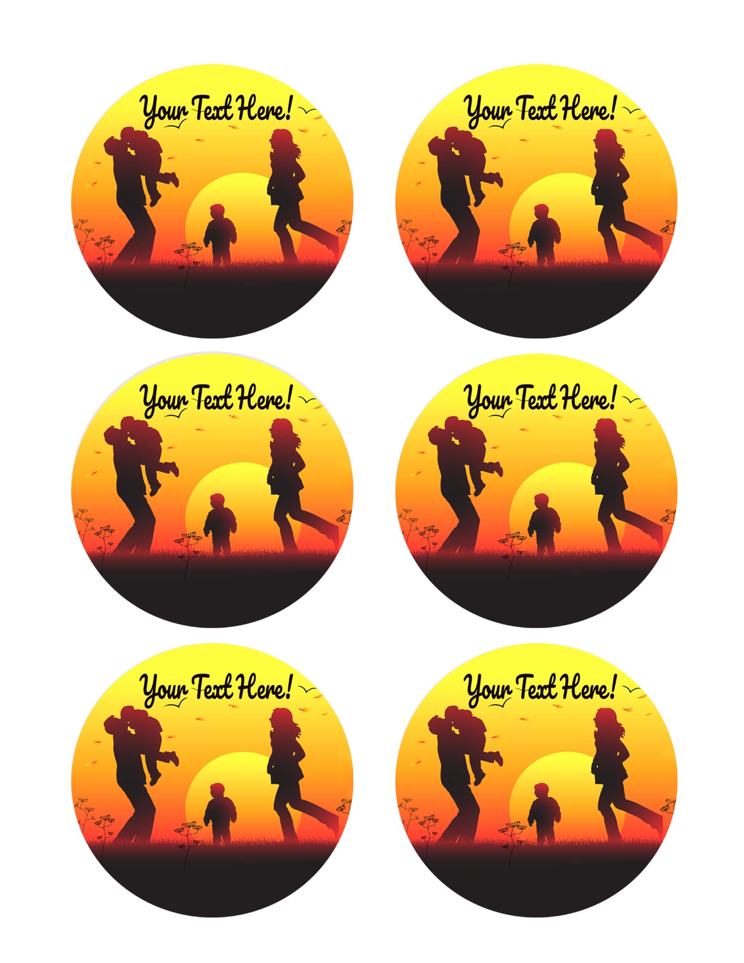 Family Sunset Silhouette - Edible Cake Topper, Cupcake Toppers, Strips