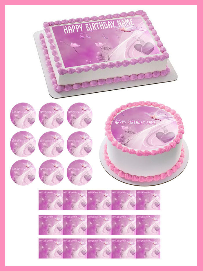 Flowers pink rose Edible Birthday Cake Topper OR Cupcake Topper, Decor