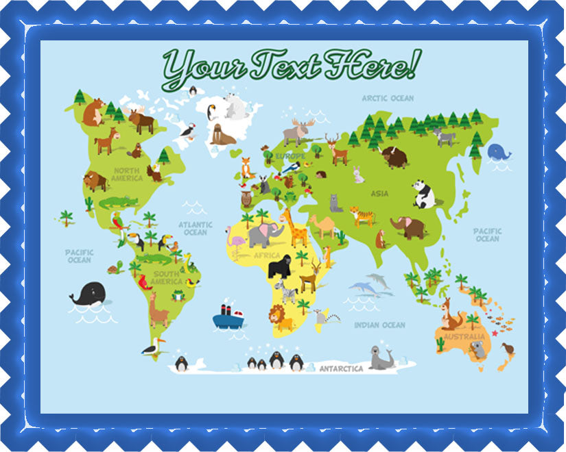 Animal world map - Edible Cake Topper, Cupcake Toppers, Strips