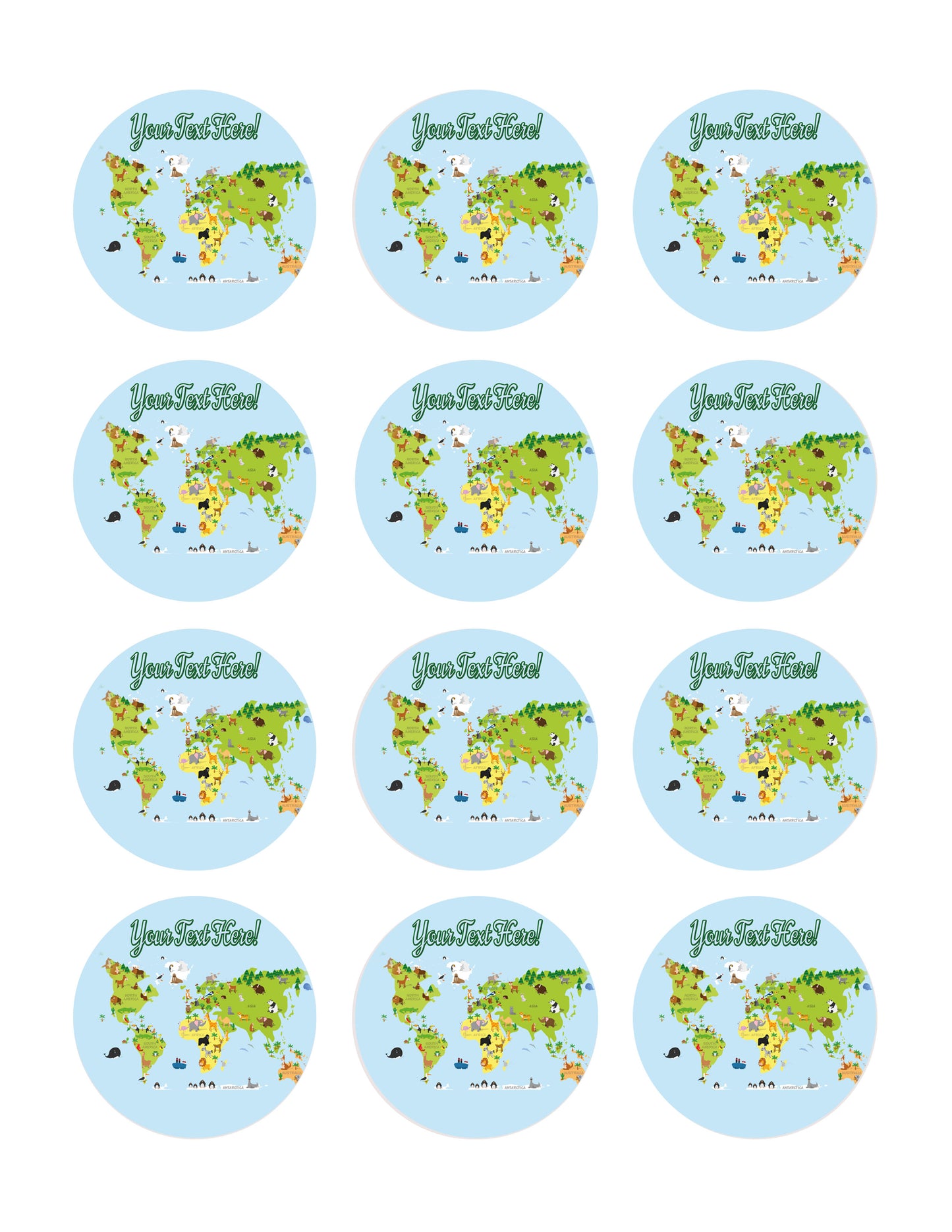 Animal world map - Edible Cake Topper, Cupcake Toppers, Strips