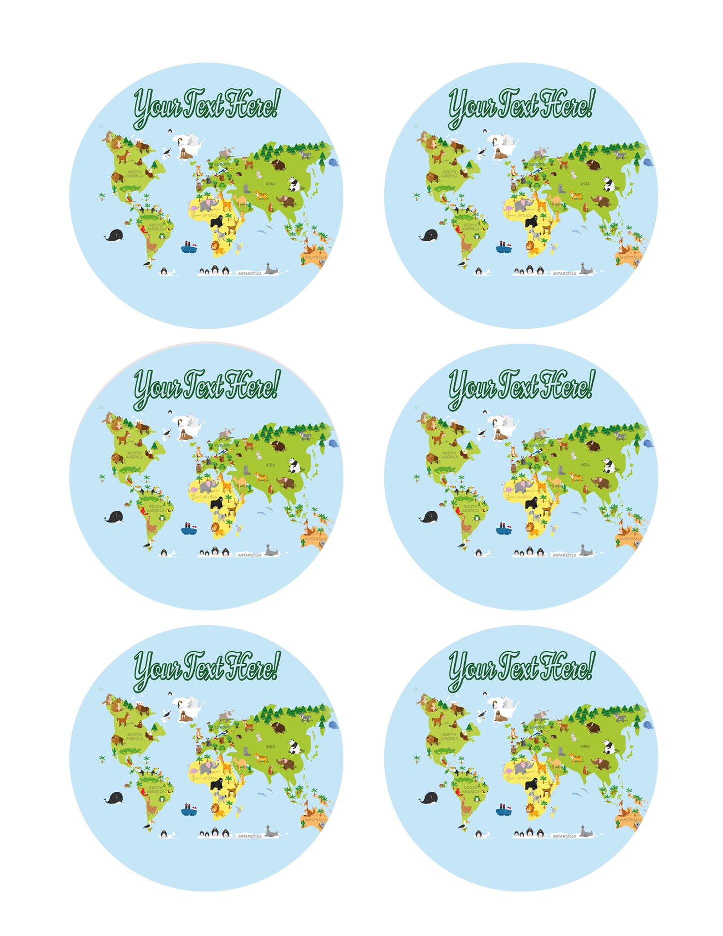 Animal world map - Edible Cake Topper, Cupcake Toppers, Strips