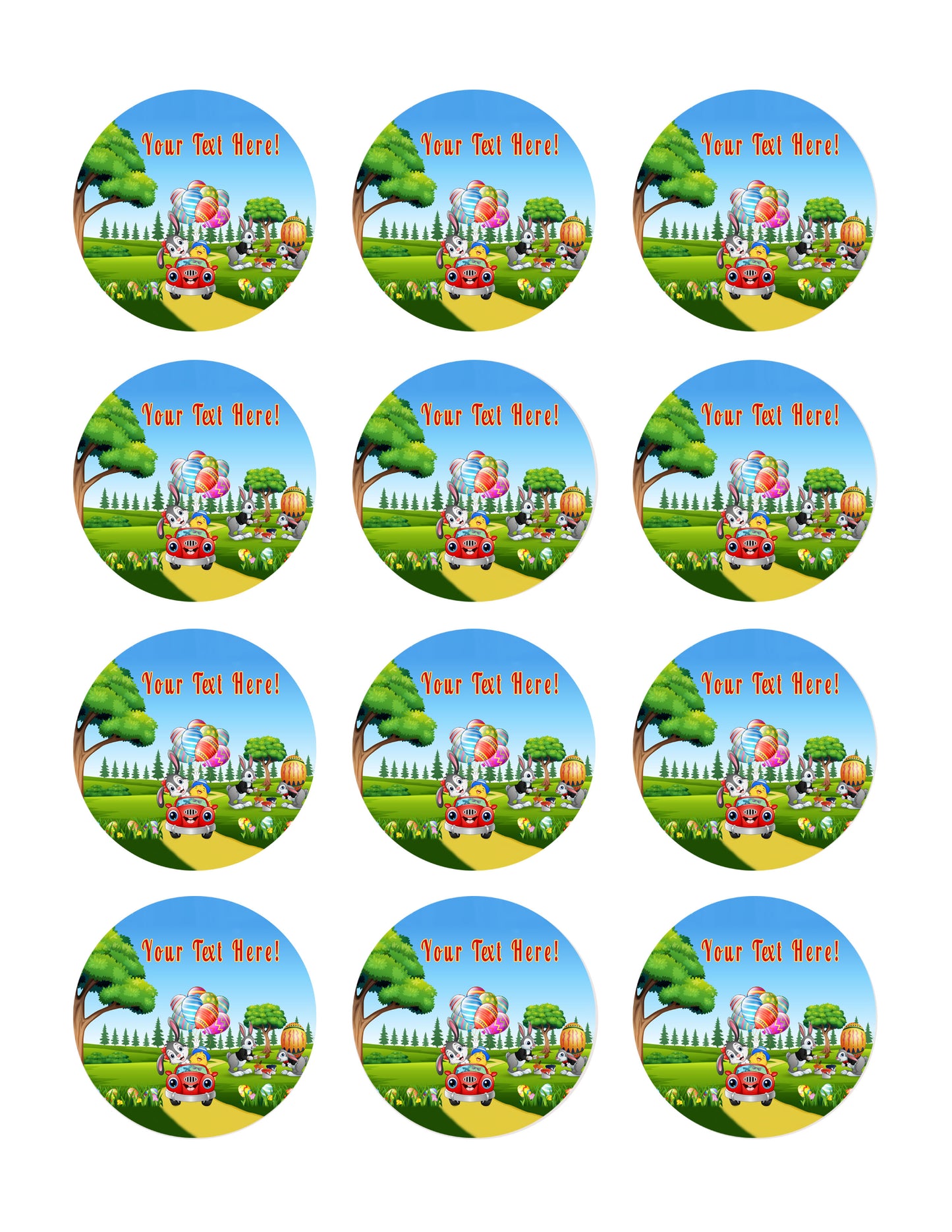 Happy Easter Rabbit Riding a Car - Edible Cake Topper, Cupcake Toppers, Strips