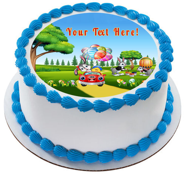 Happy Easter Rabbit Riding a Car - Edible Cake Topper, Cupcake Toppers, Strips