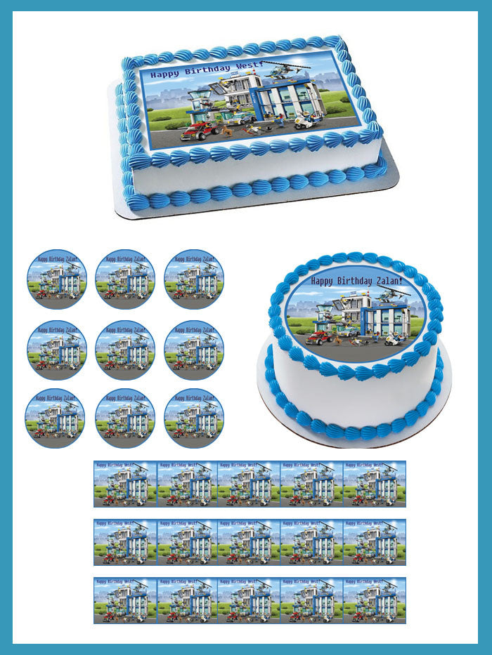 Lego City Police Station (Nr2) - Edible Cake Topper OR Cupcake Topper, Decor