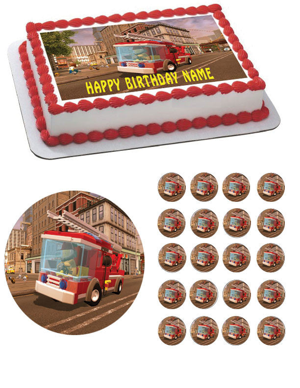 Lego City Fire Engine Edible Birthday Cake Topper OR Cupcake Topper, Decor - Edible Prints On Cake (Edible Cake &Cupcake Topper)