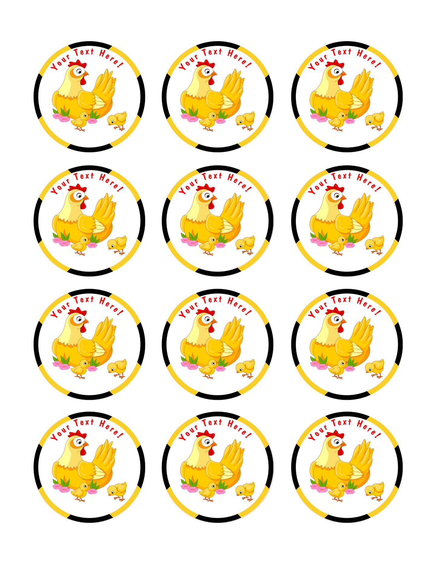 Mother Hen with its Baby Chicks - Edible Cake Topper, Cupcake Toppers, Strips