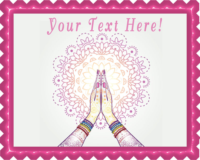 Namaste Decorated Hands Clasped - Edible Cake Topper, Cupcake Toppers, Strips