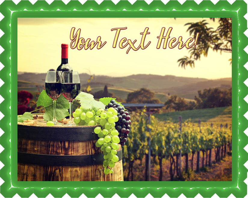 Red Wine with Barrel on Vineyard - Edible Cake Topper, Cupcake Toppers, Strips