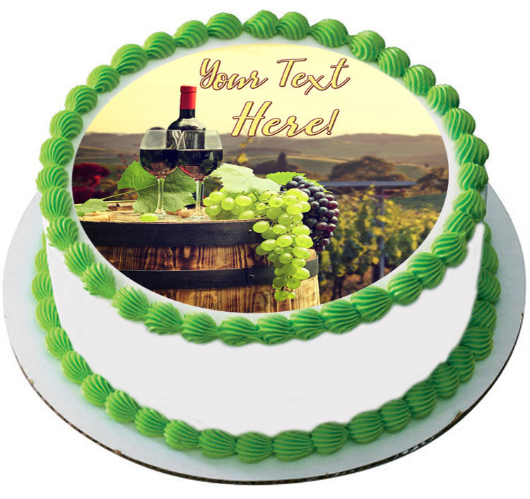 Red Wine with Barrel on Vineyard - Edible Cake Topper, Cupcake Toppers, Strips