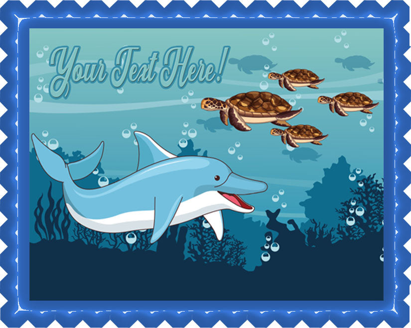 Sea with Dolphin and Turtles - Edible Cake Topper, Cupcake Toppers, Strips