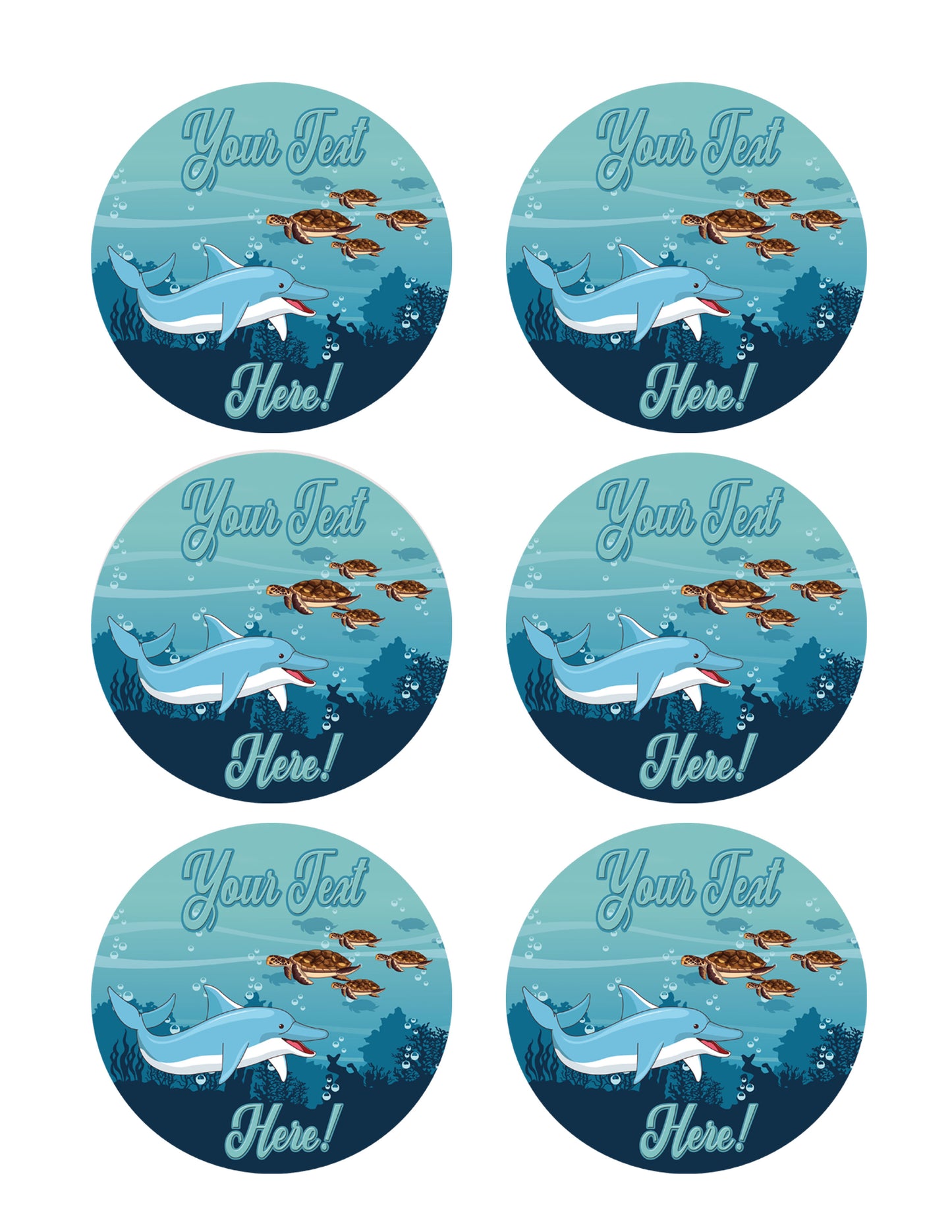 Sea with Dolphin and Turtles - Edible Cake Topper, Cupcake Toppers, Strips