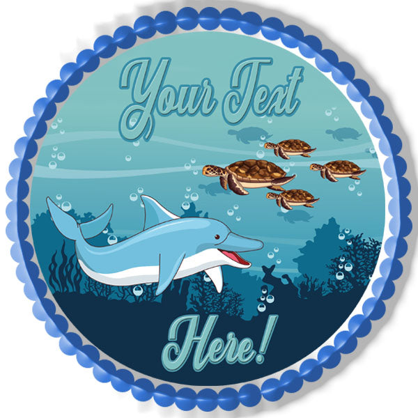 Sea with Dolphin and Turtles - Edible Cake Topper, Cupcake Toppers, Strips