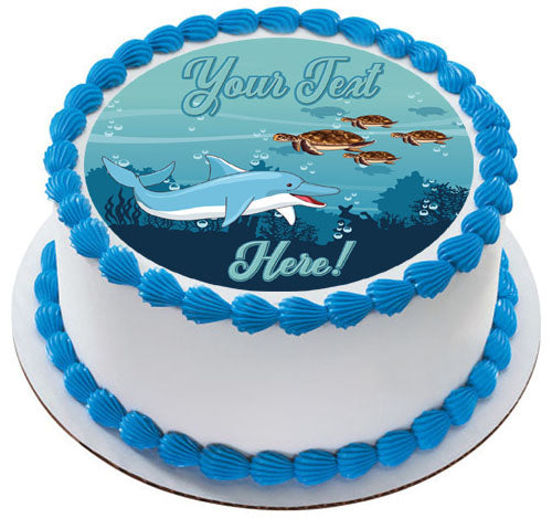 Sea with Dolphin and Turtles - Edible Cake Topper, Cupcake Toppers, Strips