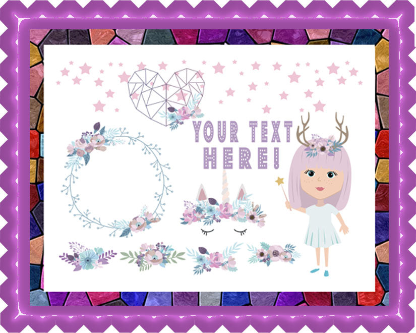 Set of Magic Elements with Unicorn and Mystic Girls - Edible Cake Topper, Cupcake Toppers, Strips