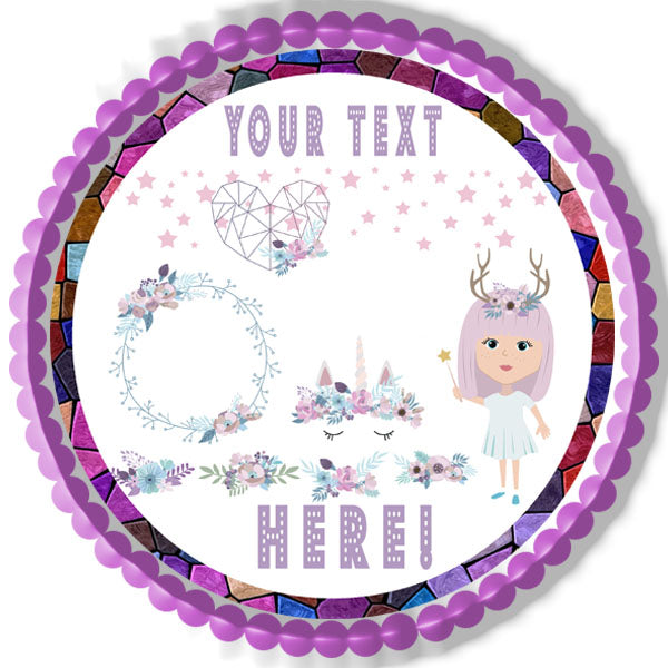 Set of Magic Elements with Unicorn and Mystic Girls - Edible Cake Topper, Cupcake Toppers, Strips