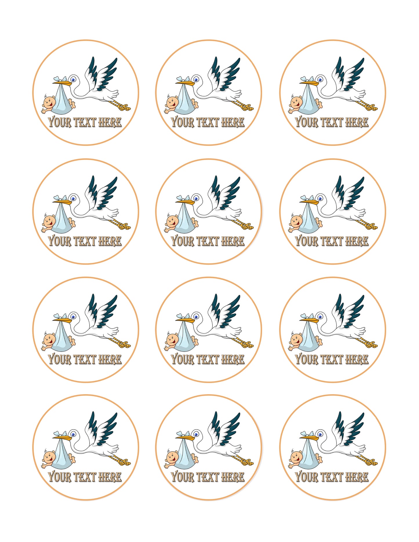 Stork carrying baby - Edible Cake Topper, Cupcake Toppers, Strips