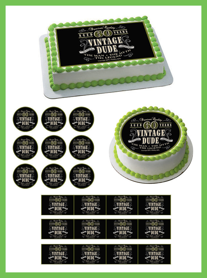 Vintage Dude 60th - Edible Cake Topper OR Cupcake Topper (you can change the age)