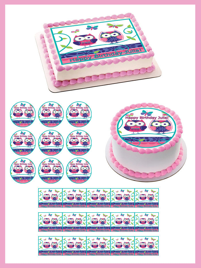 Patchwork Owls Edible Birthday Cake Topper OR Cupcake Topper, Decor - Edible Prints On Cake (Edible Cake &Cupcake Topper)