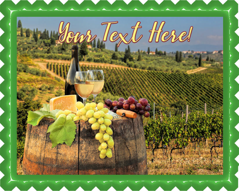 White Wine with Barrel on Vineyard - Edible Cake Topper, Cupcake Toppers, Strips