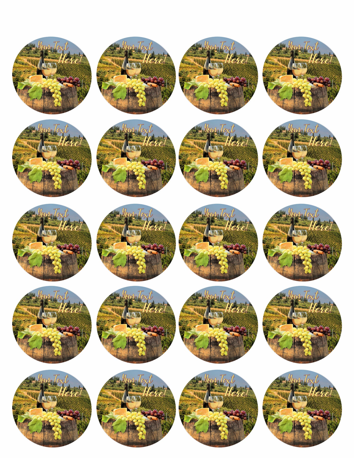 White Wine with Barrel on Vineyard - Edible Cake Topper, Cupcake Toppers, Strips
